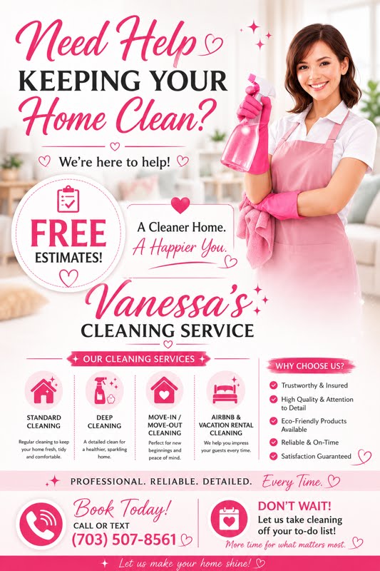 Vanessa smiling in a pink apron with cleaning supplies