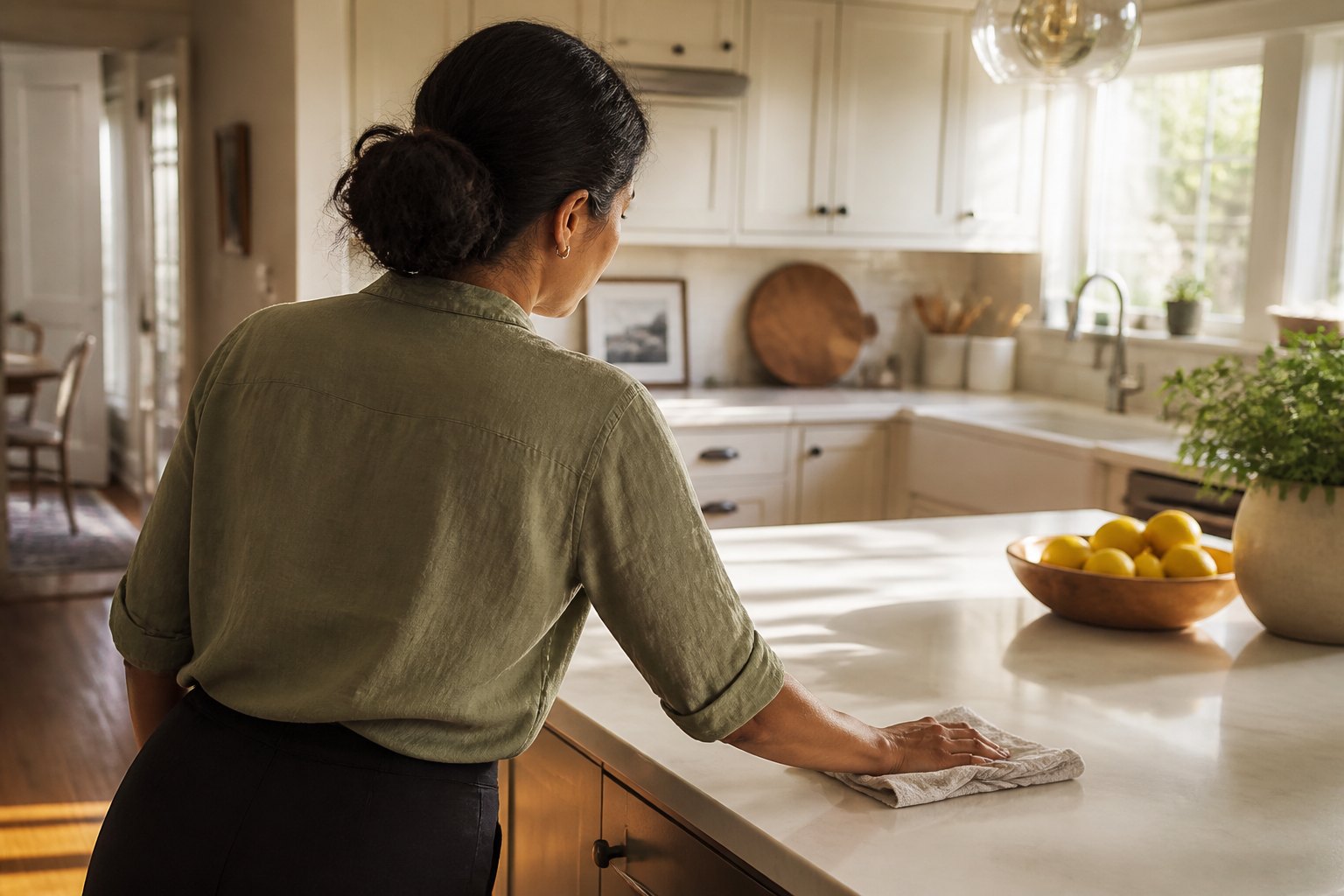 A kitchen island in afternoon light